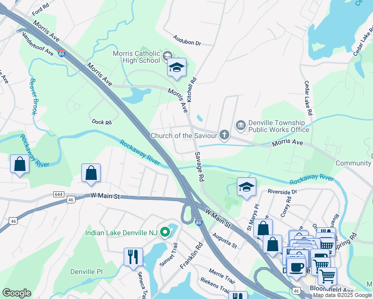map of restaurants, bars, coffee shops, grocery stores, and more near 6 Katherine Street in Denville