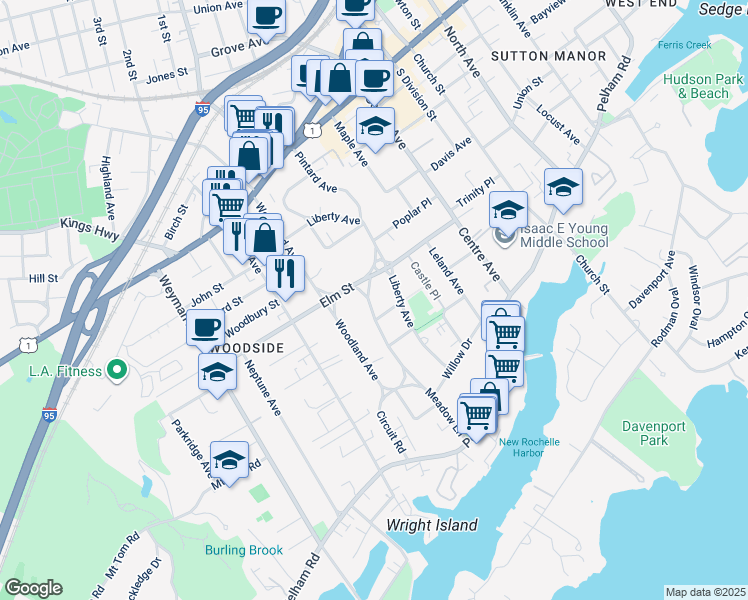 map of restaurants, bars, coffee shops, grocery stores, and more near 22 Meadow Lane in New Rochelle