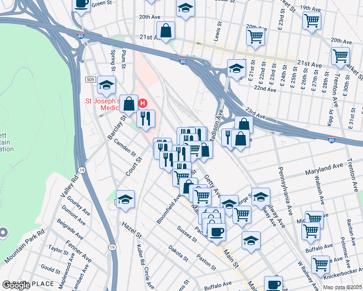 map of restaurants, bars, coffee shops, grocery stores, and more near 47 Elizabeth Street in Paterson