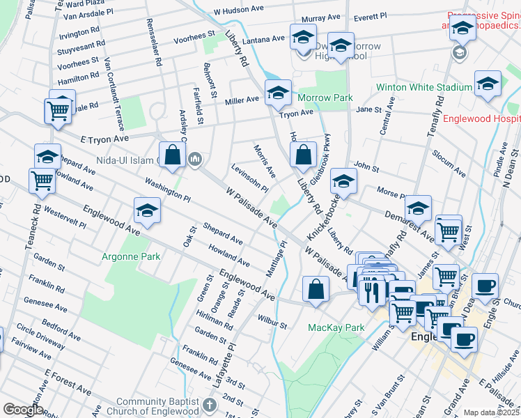 map of restaurants, bars, coffee shops, grocery stores, and more near 295 West Palisade Avenue in Englewood