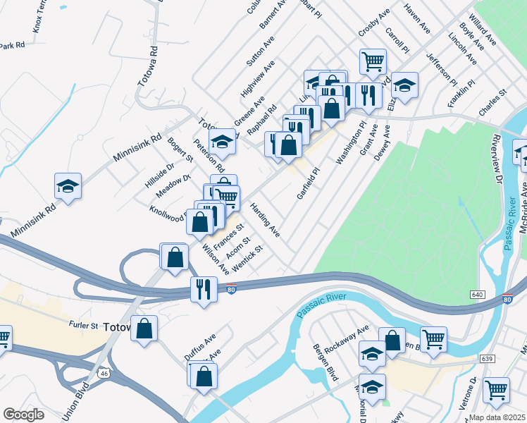 map of restaurants, bars, coffee shops, grocery stores, and more near 71 Harding Ave in Totowa