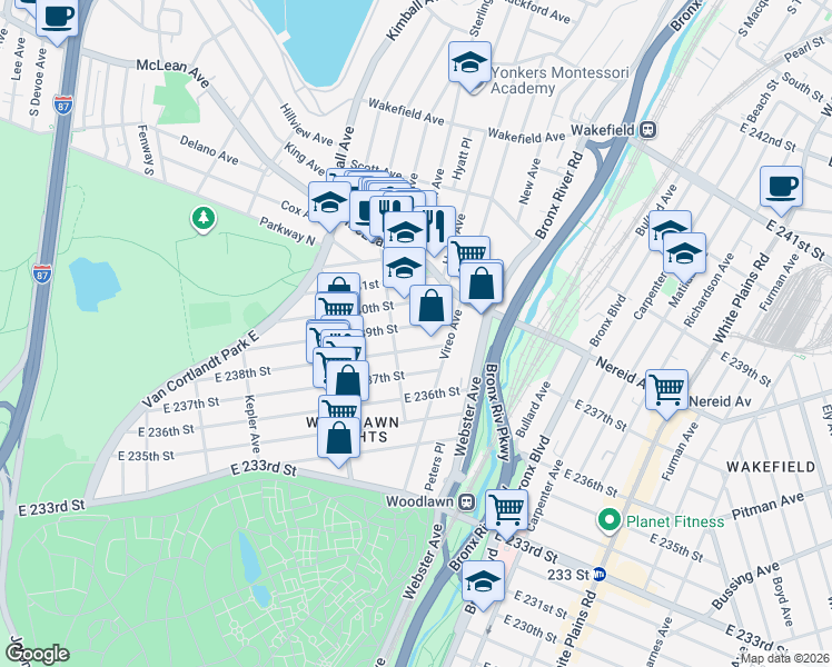 map of restaurants, bars, coffee shops, grocery stores, and more near 420 East 239th Street in The Bronx