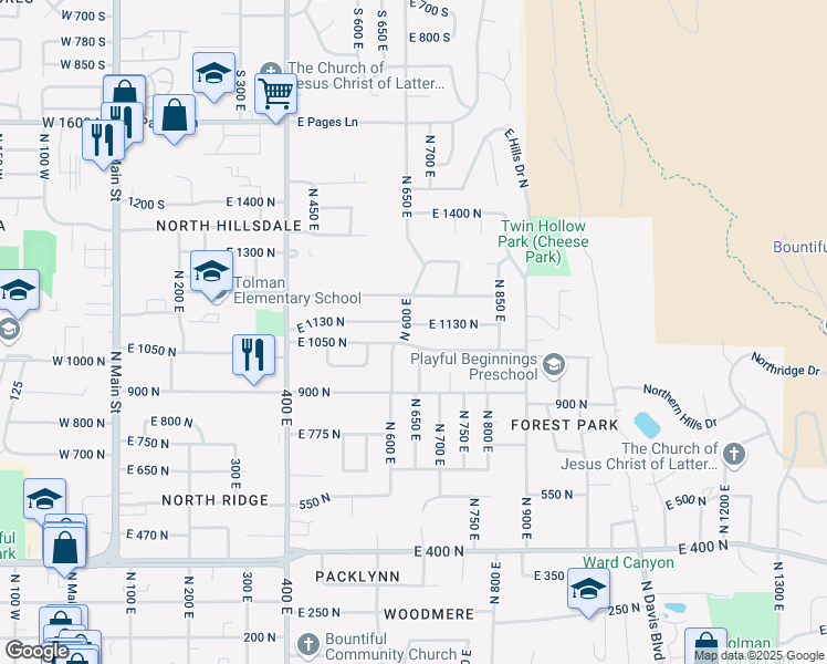 map of restaurants, bars, coffee shops, grocery stores, and more near 630 East 1130 North in Bountiful