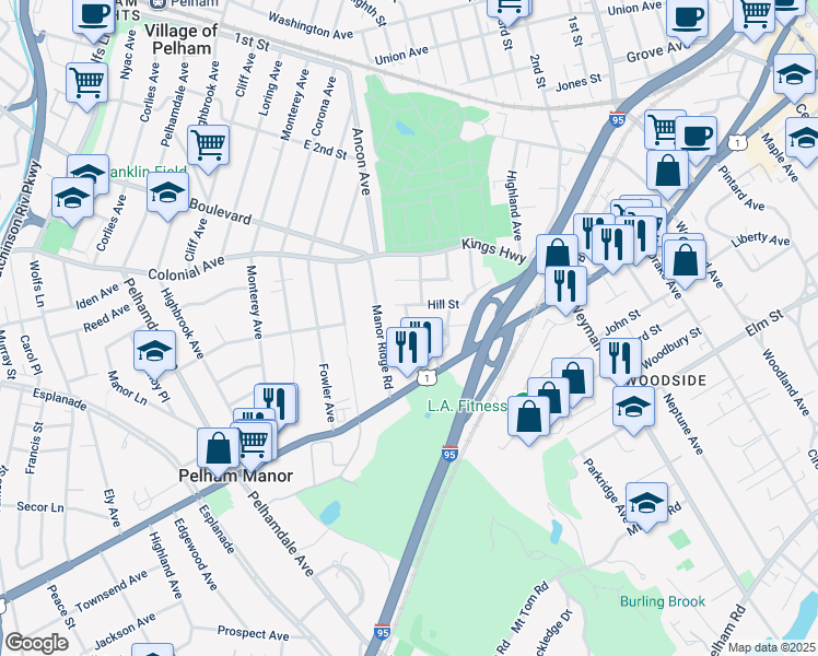map of restaurants, bars, coffee shops, grocery stores, and more near 17 Flower Street in New Rochelle