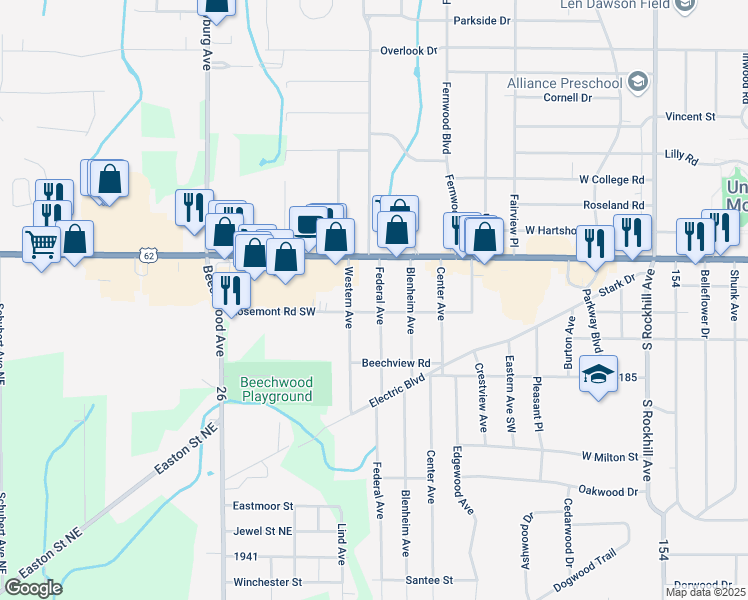 map of restaurants, bars, coffee shops, grocery stores, and more near 2091 Federal Avenue in Alliance