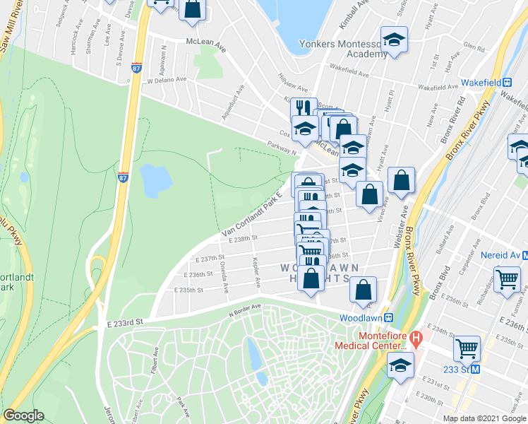map of restaurants, bars, coffee shops, grocery stores, and more near 4420 Van Cortlandt Park East in Bronx