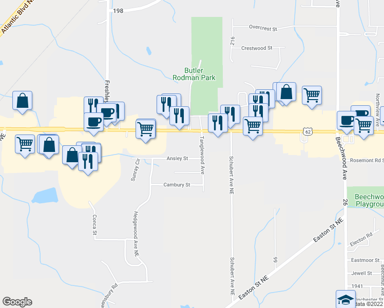 map of restaurants, bars, coffee shops, grocery stores, and more near 2311 Ansley St in Alliance