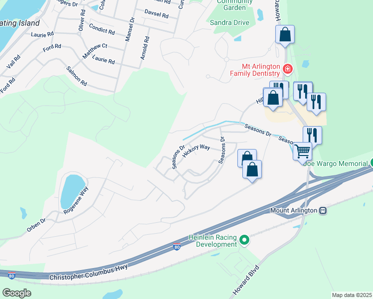 map of restaurants, bars, coffee shops, grocery stores, and more near 56 Hickory Way in Mount Arlington