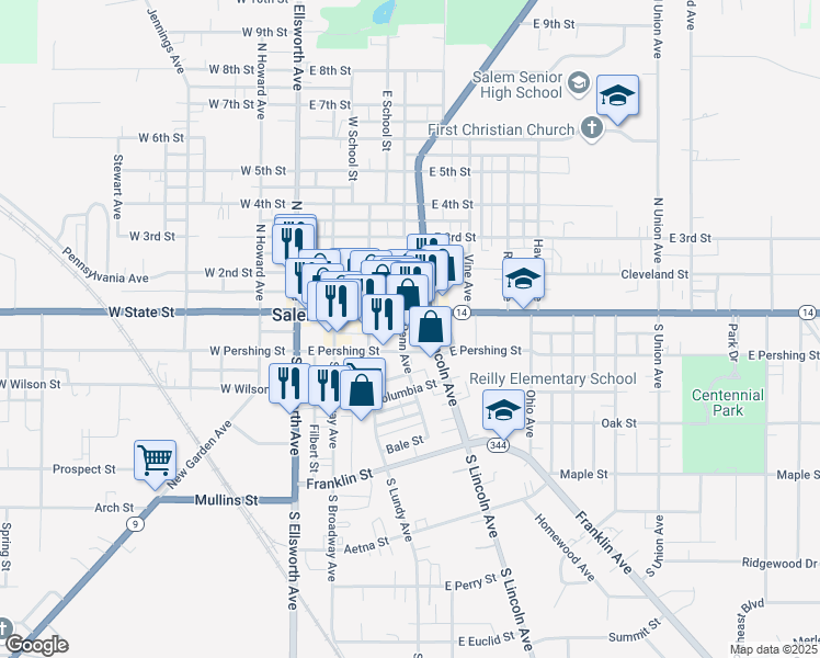 map of restaurants, bars, coffee shops, grocery stores, and more near 553 East State Street in Salem