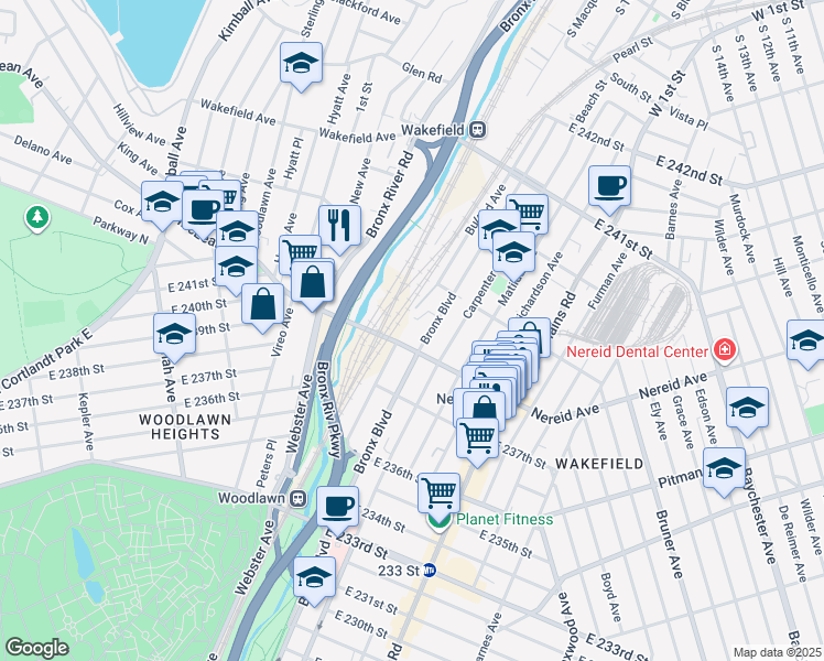 map of restaurants, bars, coffee shops, grocery stores, and more near 555 Nereid Avenue in Bronx