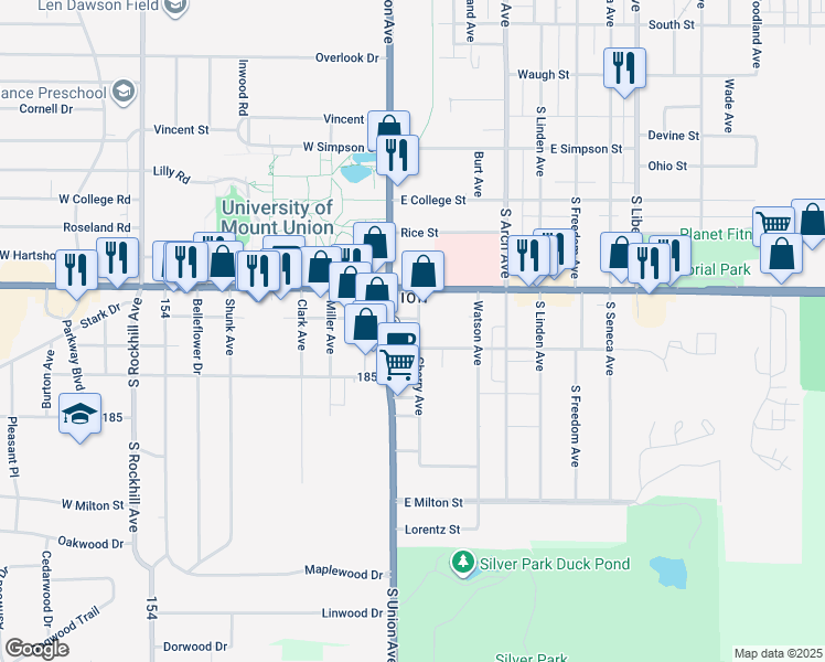 map of restaurants, bars, coffee shops, grocery stores, and more near 2121 Cherry Avenue in Alliance