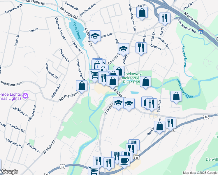 map of restaurants, bars, coffee shops, grocery stores, and more near 1 West Main Street in Rockaway