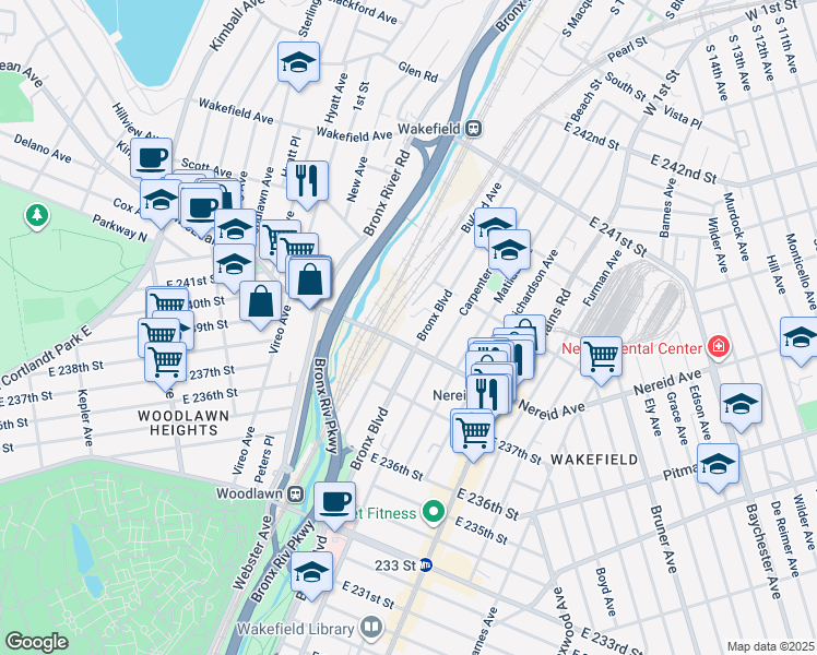 map of restaurants, bars, coffee shops, grocery stores, and more near 555 Nereid Avenue in The Bronx