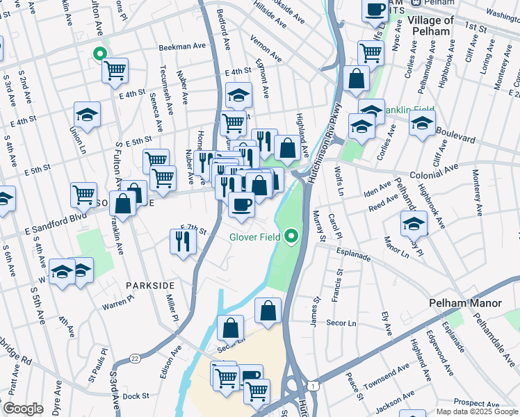 map of restaurants, bars, coffee shops, grocery stores, and more near 500 East Sandford Boulevard in Mount Vernon