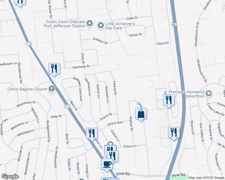 map of restaurants, bars, coffee shops, grocery stores, and more near 27 Felway Drive in Coram