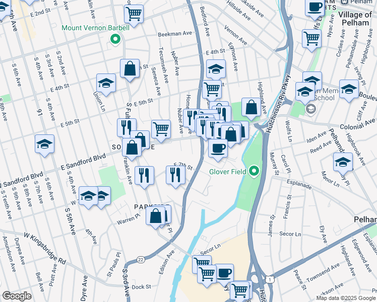 map of restaurants, bars, coffee shops, grocery stores, and more near 550 Homestead Avenue in Mount Vernon