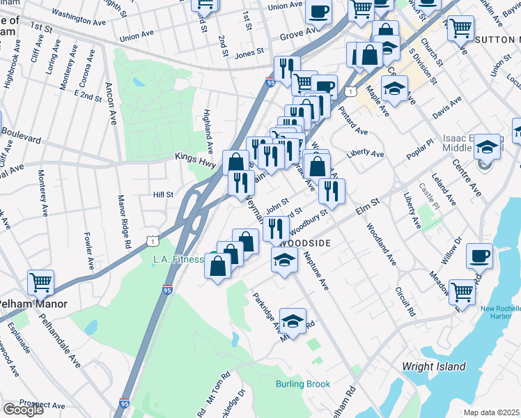 map of restaurants, bars, coffee shops, grocery stores, and more near 16 Weyman Avenue in New Rochelle