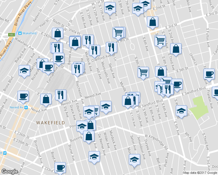 map of restaurants, bars, coffee shops, grocery stores, and more near 4409 Monticello Avenue in The Bronx