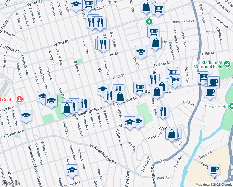 map of restaurants, bars, coffee shops, grocery stores, and more near 445 South 4th Avenue in Mount Vernon