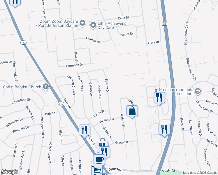 map of restaurants, bars, coffee shops, grocery stores, and more near 27 Felway Drive in Coram