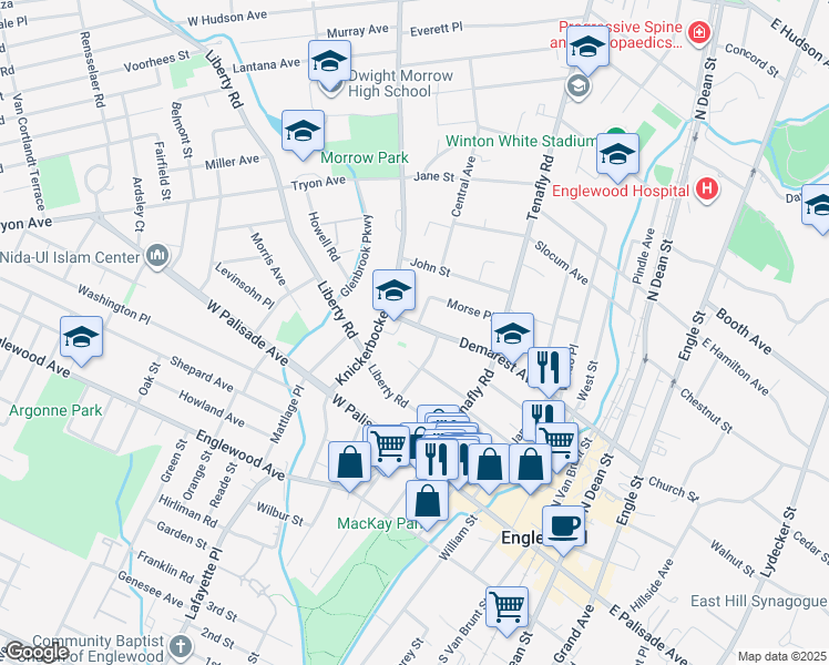 map of restaurants, bars, coffee shops, grocery stores, and more near 178 West Demarest Avenue in Englewood