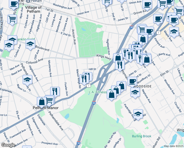 map of restaurants, bars, coffee shops, grocery stores, and more near 9 Cleveland Court in New Rochelle