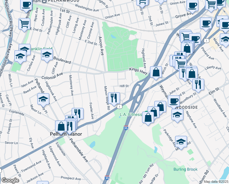 map of restaurants, bars, coffee shops, grocery stores, and more near 17 Flower Street in New Rochelle