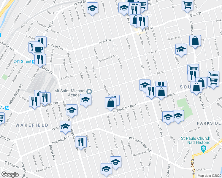 map of restaurants, bars, coffee shops, grocery stores, and more near 404 South 10th Avenue in Mount Vernon