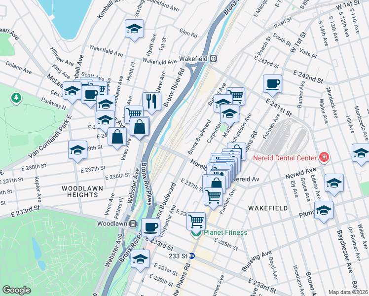 map of restaurants, bars, coffee shops, grocery stores, and more near 555 Nereid Avenue in Bronx