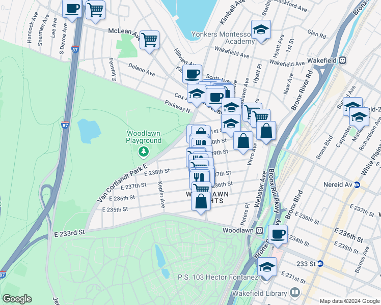 map of restaurants, bars, coffee shops, grocery stores, and more near 257 East 239th Street in Bronx