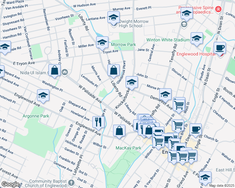 map of restaurants, bars, coffee shops, grocery stores, and more near 42 Cleveland Street in Englewood