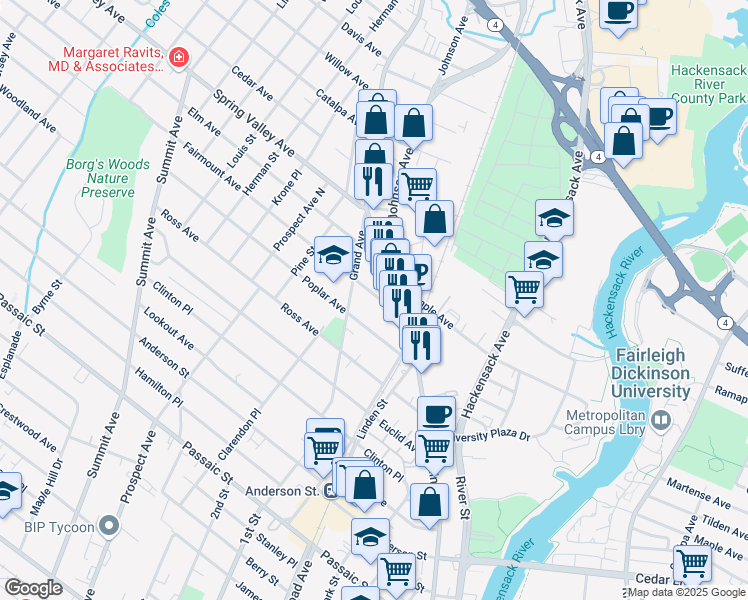 map of restaurants, bars, coffee shops, grocery stores, and more near 22 Fairmount Avenue in Hackensack