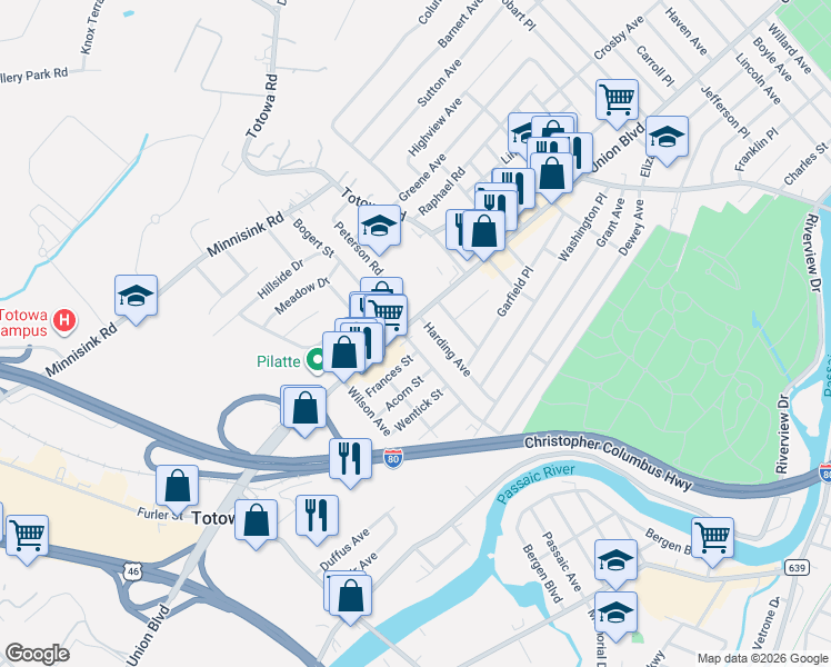 map of restaurants, bars, coffee shops, grocery stores, and more near 510 Union Boulevard in Totowa