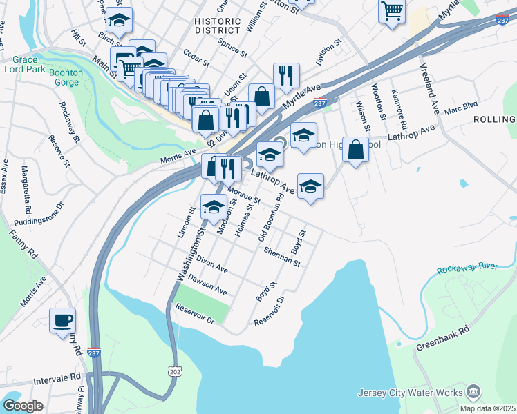 map of restaurants, bars, coffee shops, grocery stores, and more near 213 Holmes Street in Boonton
