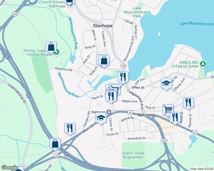 map of restaurants, bars, coffee shops, grocery stores, and more near 1 Jenny Lind Street in Netcong