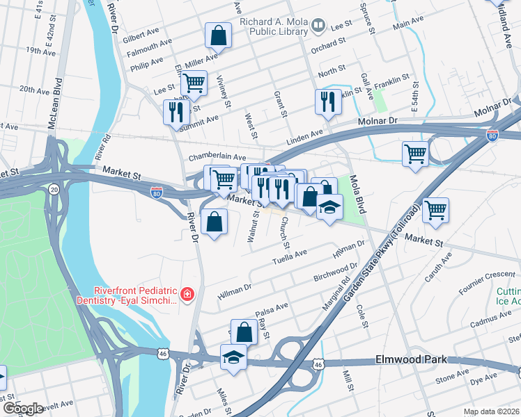 map of restaurants, bars, coffee shops, grocery stores, and more near 214 Market Street in Elmwood Park