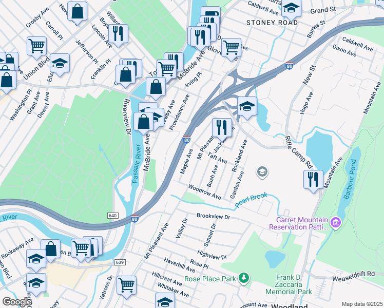 map of restaurants, bars, coffee shops, grocery stores, and more near 95 Maple Avenue in Woodland Park