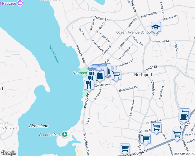 map of restaurants, bars, coffee shops, grocery stores, and more near 105 Main Street in Northport