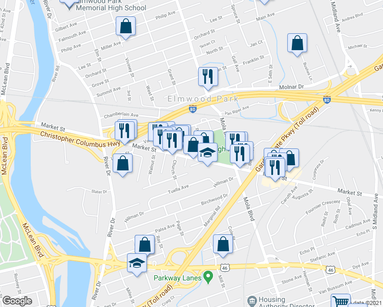 map of restaurants, bars, coffee shops, grocery stores, and more near 259 Market Street in Elmwood Park