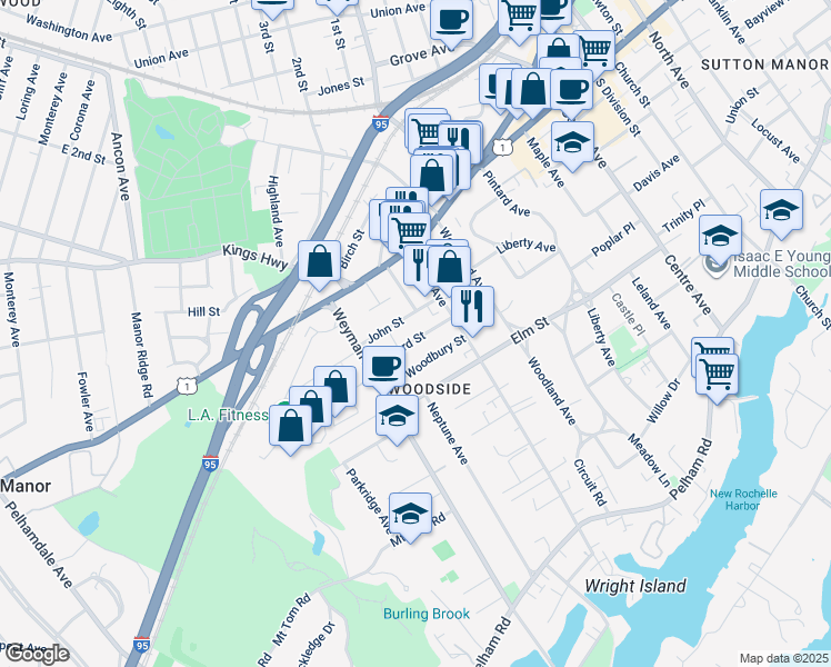 map of restaurants, bars, coffee shops, grocery stores, and more near 33 Bayard Street in New Rochelle