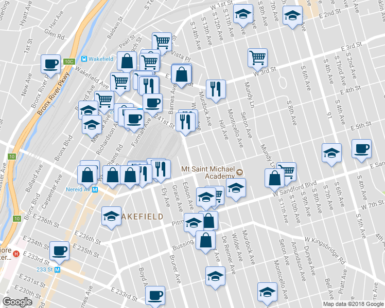 map of restaurants, bars, coffee shops, grocery stores, and more near 4442 Baychester Avenue in The Bronx