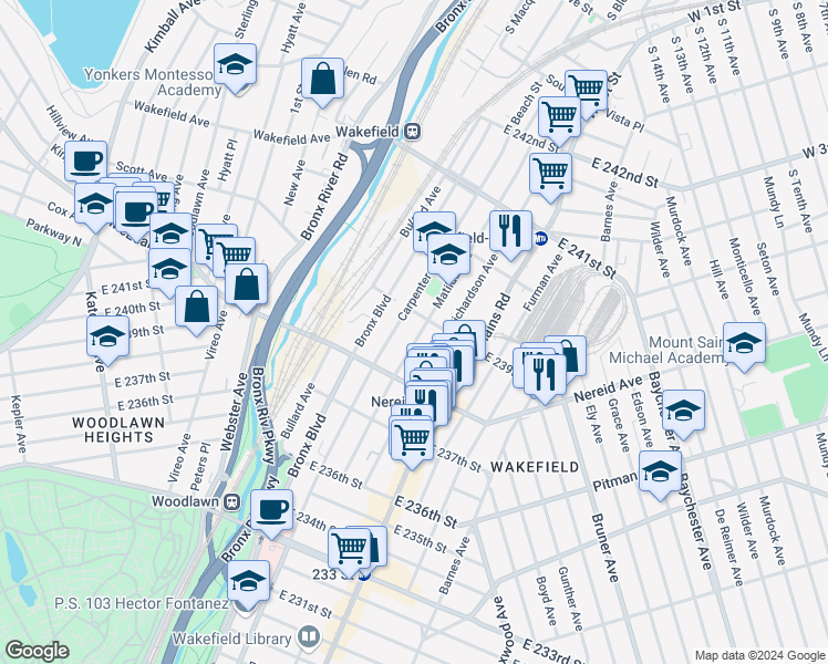 map of restaurants, bars, coffee shops, grocery stores, and more near 4449 Matilda Avenue in Bronx