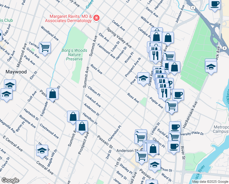 map of restaurants, bars, coffee shops, grocery stores, and more near 560 Prospect Avenue in Hackensack