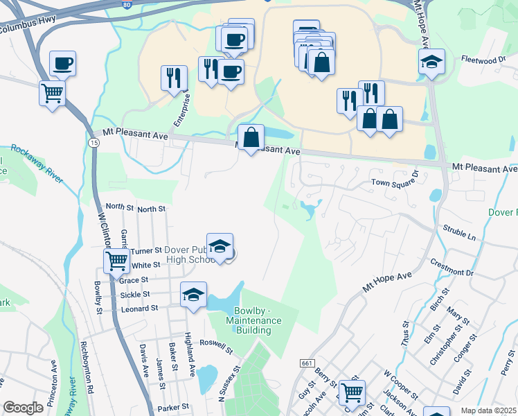 map of restaurants, bars, coffee shops, grocery stores, and more near 2 Commerce Center Drive in Dover