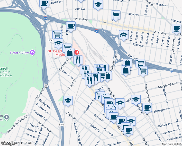 map of restaurants, bars, coffee shops, grocery stores, and more near 31 Hemlock Street in Paterson