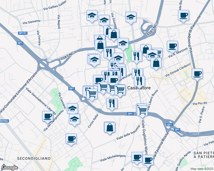 map of restaurants, bars, coffee shops, grocery stores, and more near 78 Corso Europa in Casavatore