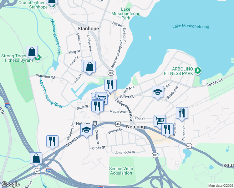 map of restaurants, bars, coffee shops, grocery stores, and more near 7 Ledgewood Avenue in Netcong
