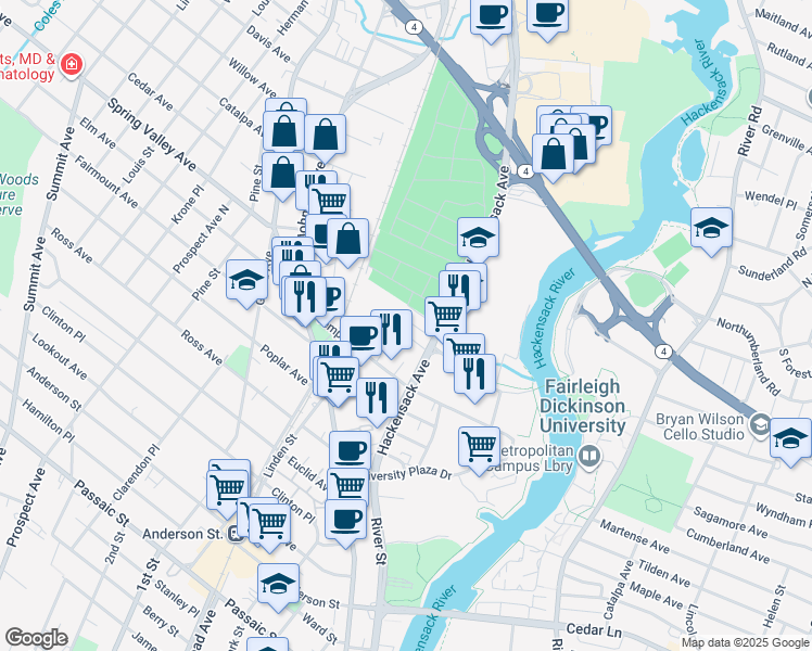 map of restaurants, bars, coffee shops, grocery stores, and more near 19 Emerald Street in Hackensack