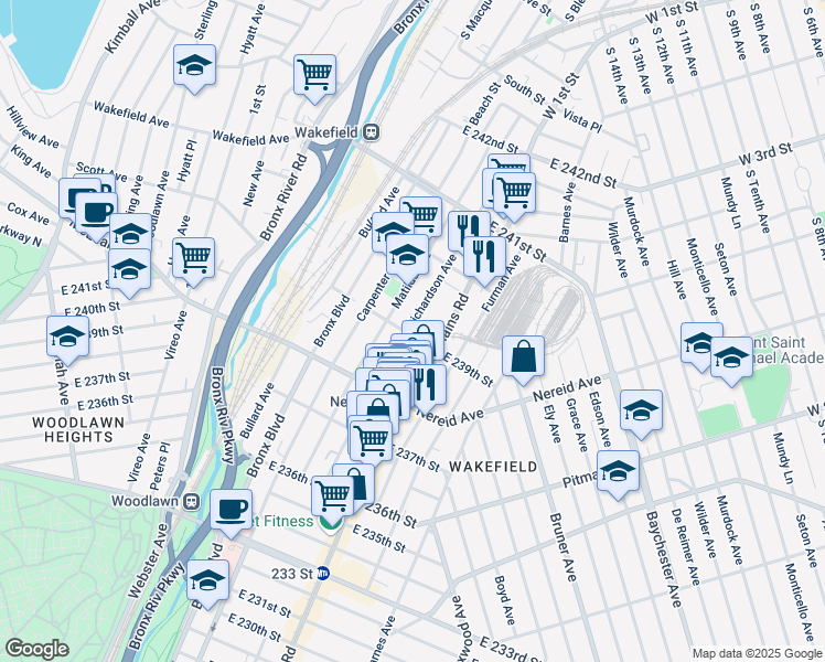map of restaurants, bars, coffee shops, grocery stores, and more near 675 East 239th Street in Bronx