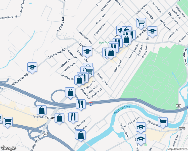 map of restaurants, bars, coffee shops, grocery stores, and more near 510 Union Boulevard in Totowa